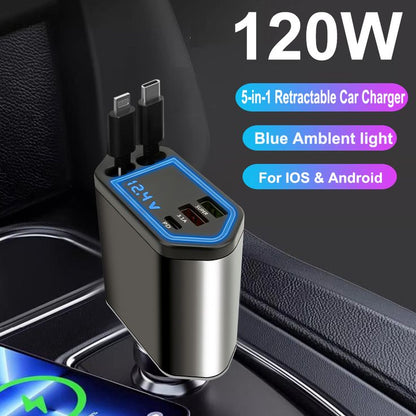 120w Retractable 4-in-1 Fast Car Charger | USB + Type-C | Compatible with iPhone 11–15, Samsung Galaxy, Pixel, iPad Pro
