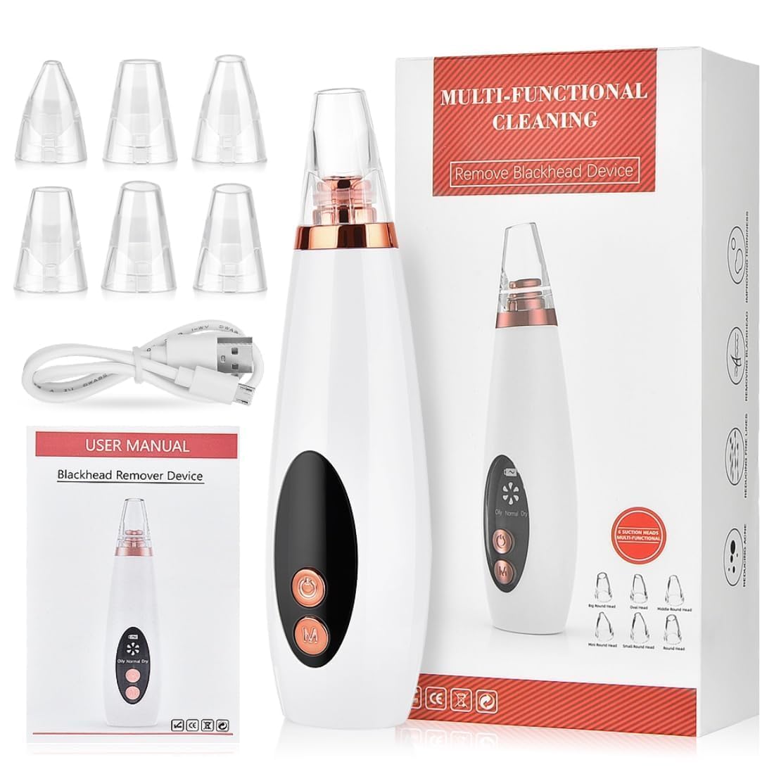 Electric Blackhead Remover Vacuum – Multi-Functional Pore Cleaner with 6 Suction Heads | Deep Pore Cleansing & Acne Removal Device