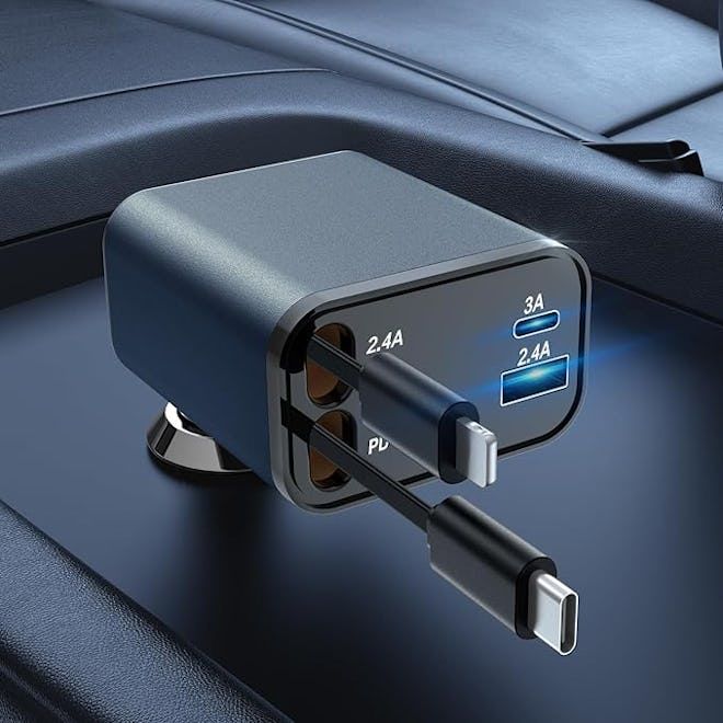 120w Retractable 4-in-1 Fast Car Charger | USB + Type-C | Compatible with iPhone 11–15, Samsung Galaxy, Pixel, iPad Pro