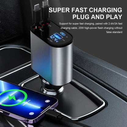 120w Retractable 4-in-1 Fast Car Charger | USB + Type-C | Compatible with iPhone 11–15, Samsung Galaxy, Pixel, iPad Pro
