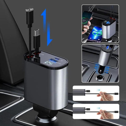 120w Retractable 4-in-1 Fast Car Charger | USB + Type-C | Compatible with iPhone 11–15, Samsung Galaxy, Pixel, iPad Pro