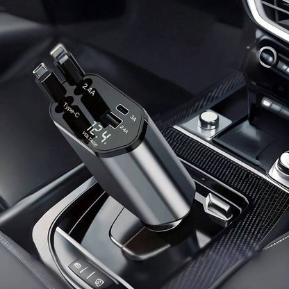 120w Retractable 4-in-1 Fast Car Charger | USB + Type-C | Compatible with iPhone 11–15, Samsung Galaxy, Pixel, iPad Pro