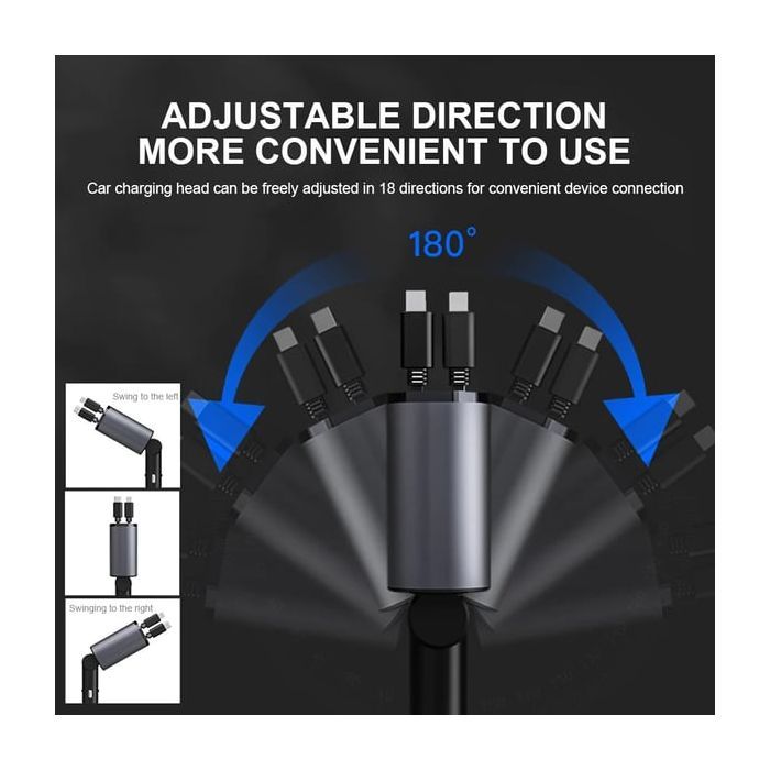 120w Retractable 4-in-1 Fast Car Charger | USB + Type-C | Compatible with iPhone 11–15, Samsung Galaxy, Pixel, iPad Pro