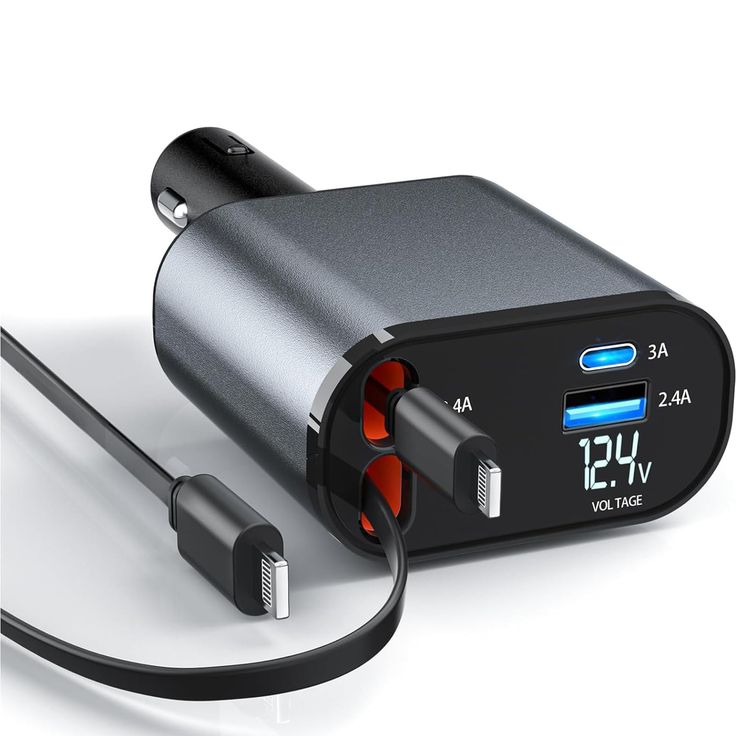 120w Retractable 4-in-1 Fast Car Charger | USB + Type-C | Compatible with iPhone 11–15, Samsung Galaxy, Pixel, iPad Pro