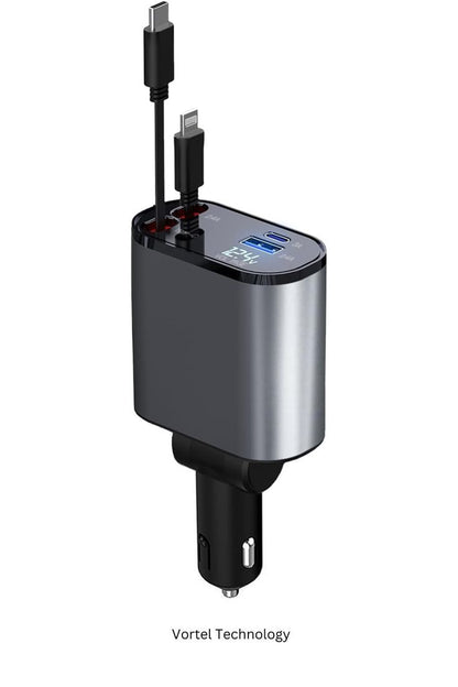 120w Retractable 4-in-1 Fast Car Charger | USB + Type-C | Compatible with iPhone 11–15, Samsung Galaxy, Pixel, iPad Pro